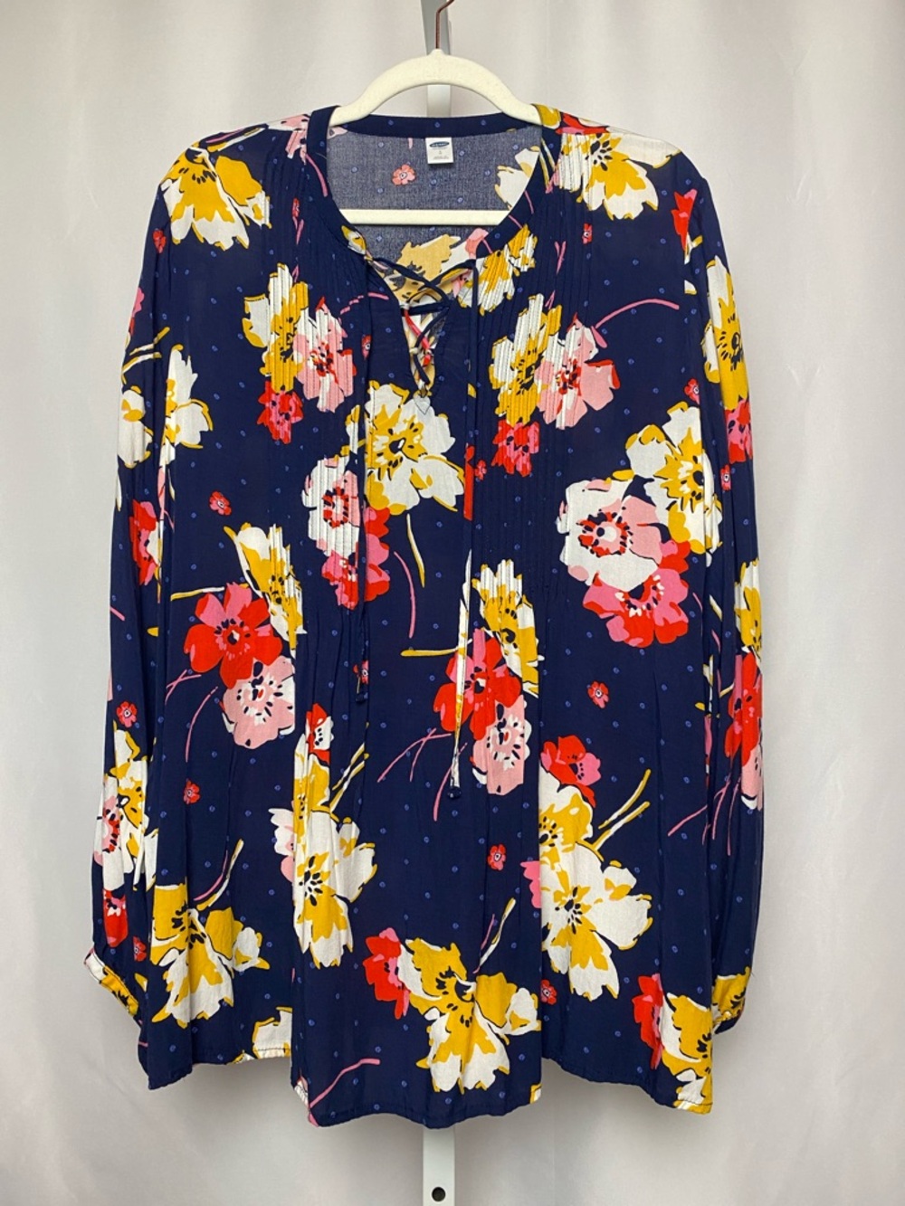Old Navy Navy Floral Lace-Up Long Sleeve Blouse with Yellow & Pink Blooms Large